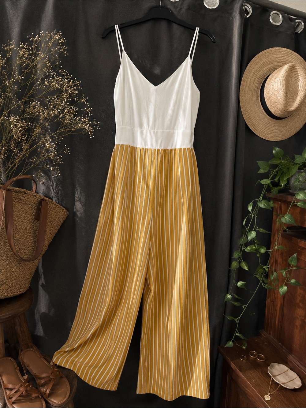 Fashion Magazine White & Mustard Yellow Striped Wide-Leg Jumpsuit